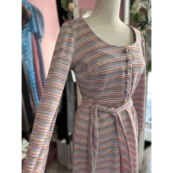 Vintage 60s 70s Maxi Dress Pink Purple Stripes Mod Balloon Sleeves Shimmer XS/S - Picture 5 of 9